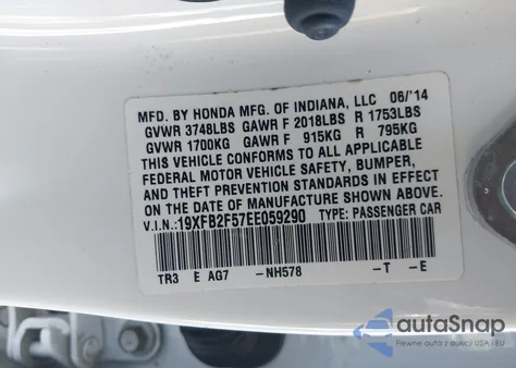 2014 Honda Civic Lx из США, поврежденный, VIN 19XFB2F57EE059290